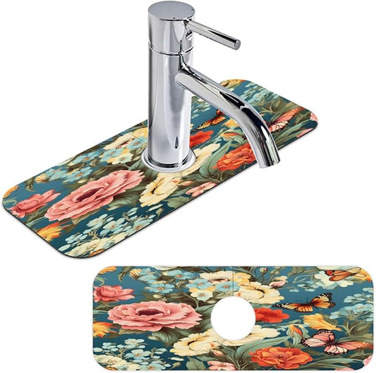 Vivid Flora Butterfly Blend Kitchen Faucet Mat Splash Guard, 15.4”x5.7” Absorbent Quick Drying Sink Mat for Countertop Protection, Draining Mat Sink Protectors For Kitchen Bathroom, 2 Pack