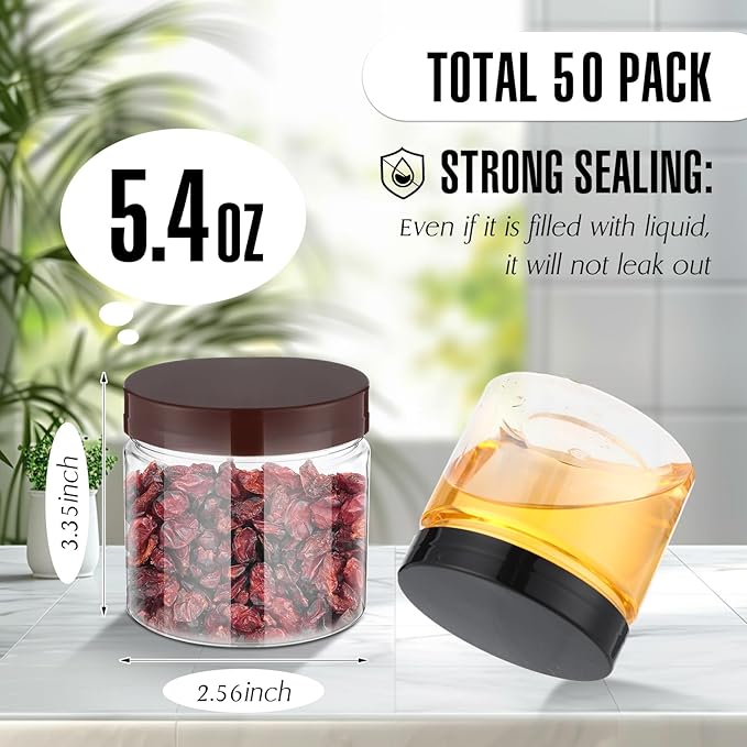 Mifoci 50 Pcs 5.4 oz Clear Plastic Jars Containers Wide Mouth Food Storage Jar for Kitchen Dry Food Butter Honey Cosmetics Cream, Black and Brown(2.56''l x 2.36''h)