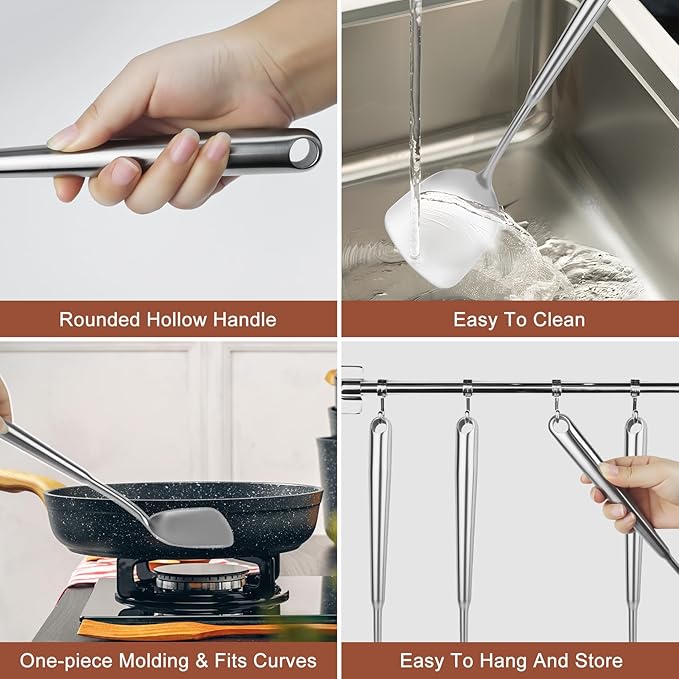 18 10 Stainless Steel Cooking Utensils Set, 10PCS Metal Kitchen Utensils Set for Wok,Kitchen Tools Set Come with Spoon, Fork, Spatula, Ladle, Skimmer, Turner, Pasta Server
