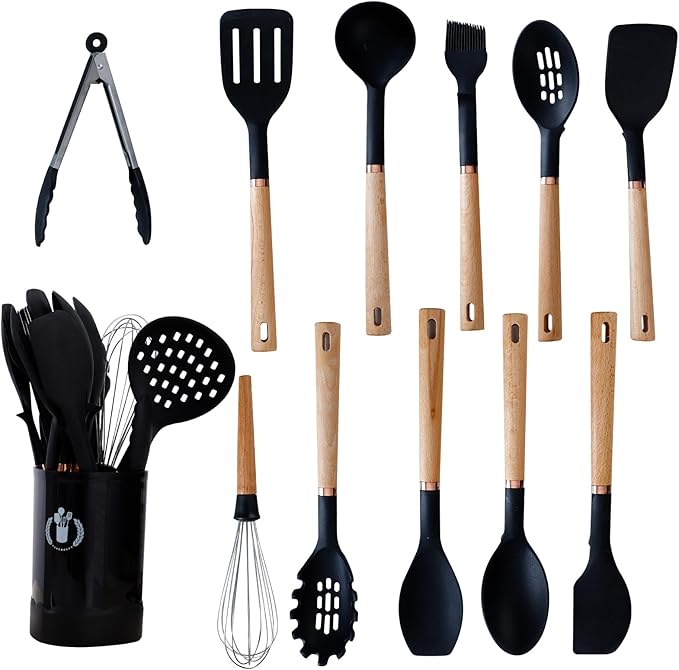 Jiufei Home Silicone Cooking Utensils Set, Kitchen Utensils Set 13 Pcs for cooking, BPA Free Spatula Set with Heat Resistant Wood Handles for Nonstick Cookware (Black)