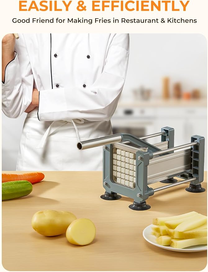FOHRER French Fry Cutter, Professional Manual Potato Cutter for Fries with 1/2 Inch, 3/8 Inch and 1/4 Inch Heavy Duty Stainless Steel Blades, Easy to Use for Whole Potatoes, Carrots, Cucumbers