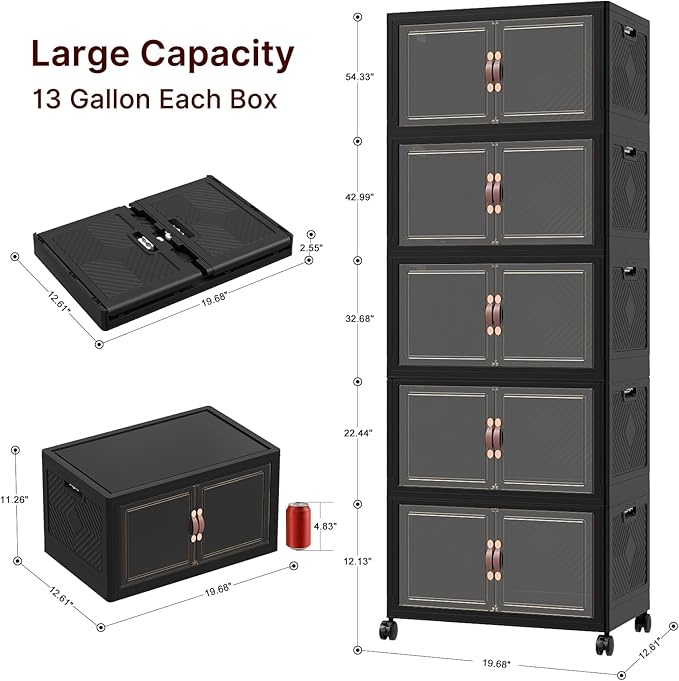 Extra Large Stackable Storage Bins with Lids & Wheels, 275QT-55QT/14GAL*5Pack Foldable Collapsible Closet Organizers Dark Storage Cabinet with Doors for Bedroom Dorm