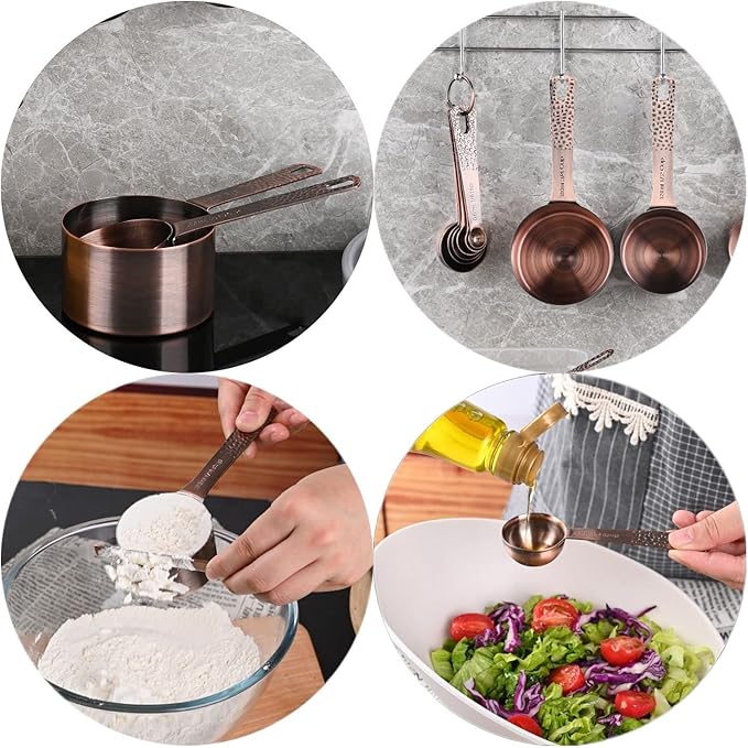 SUNMVEHOT Copper Measuring Cups and Spoons Set, Stainless Steel Measuring Tools Set for Baking & Kitchen, Metric & US 4 Copper Plated Measure Cups and 5 Measure Spoons with Leveler for Wet & Dry