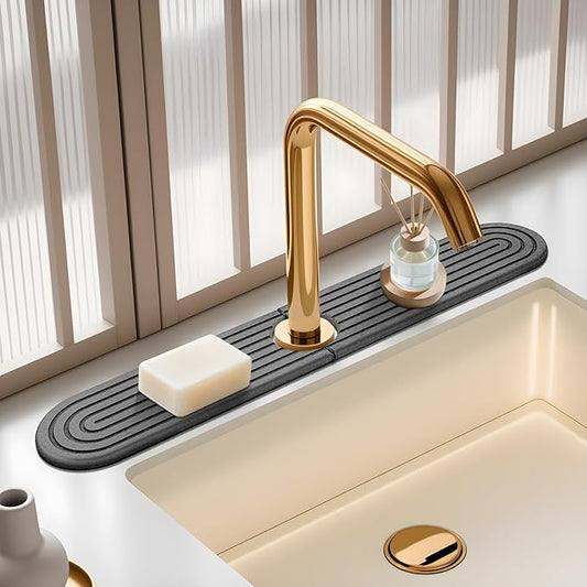 Diatomite Stone Faucet Mat For Kitchen Sink-Absorbent Fast Drying Stone Sink Tray,Faucet Splash Guard Counter,Quick Dry Sink Mat Around Faucet For Kitchen & Bathroom (Dark Gray-Oval,23.6" x 4")