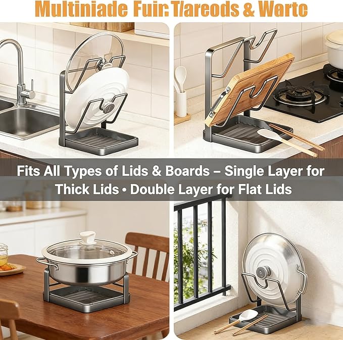 Kitchen Pot Lid Storage Rack, 2026 Upgrade Multifunctional Pot Lid Organizer Rack, Lid Holder While Cooking Lid And Spoon Rest Thickened Carbon Steel Material (Black Double-layer)