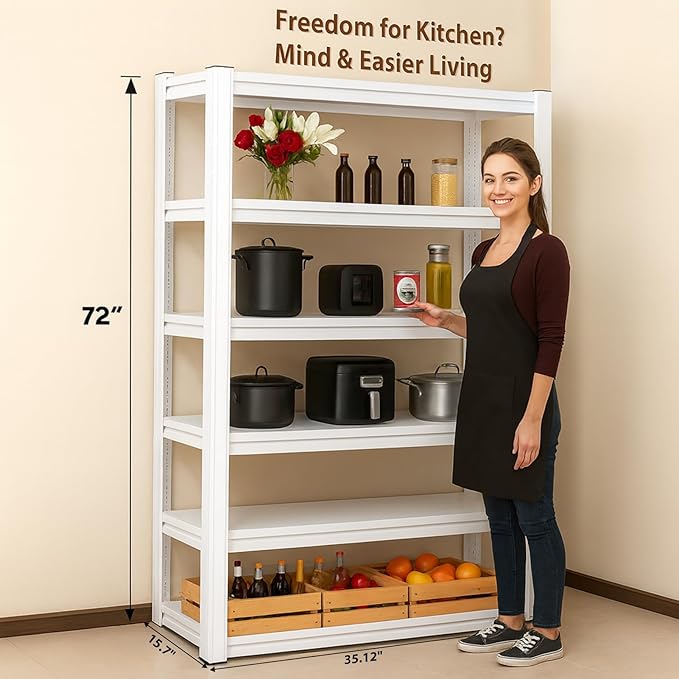 5-Tier Storage Rack is Suitable for Kitchens, pantrys, Warehouses, garages, and Other Similar Spaces. It Measures 28" W x 12" D x 59.8" H Black. ((White) 35.12w×72" h×15.82" d)