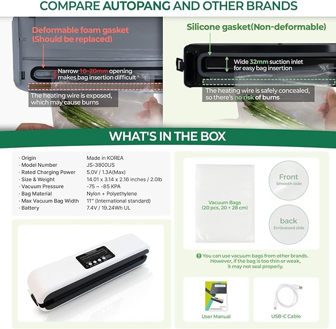 Premium Robotic Vacuum Sealer for Home & Kitchen, 85Kpa Powerful Suction One-Touch Operation Compact Food Sealer for Storage & Meal Prep, Multible Modes with 20 Pre-Cut Pouches