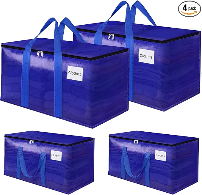 Moving Storage Bags, Moving Supplies Packing Boxes for Moving, Camping, College Dorm Room Essentials for Girls, Blue Tote Bags, Heavy-Duty Storage Bins With Lids And Zippers, 93L 4 Pack