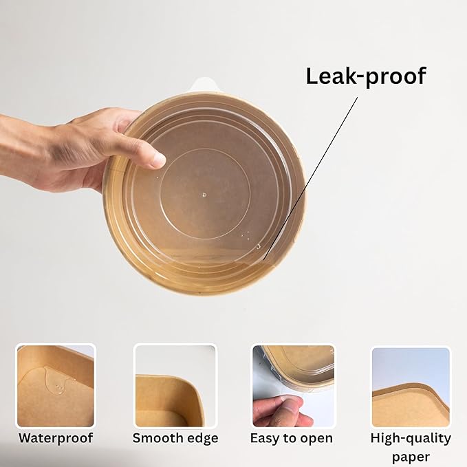 ganfaner 34oz Disposable Round Paper Bowls with Lid, 50 Sets Deli Container Box Spillproof Microwave & Freezer Safe, To Go Meal Prep Container for Lunch Work Meal, Sturdy for Picnic Camp Family