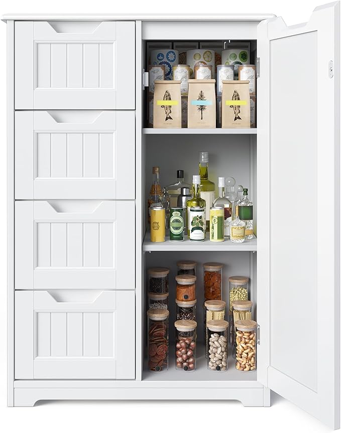 Gizoon Small Pantry with Door and Shelves, 33'' Kitchen Pantry Storage Cabinet Freestanding Wooden Bathroom Storage Cabinet with 4 Drawers for Kitchen and Dining Room, White