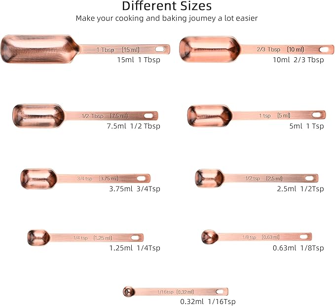 zoyizi Copper Measuring Cups and Spoons Set 17, 7 Stainless Steel Measuring Cups&9 Long Hanlde Narrow Measuring Spoons for Spice Jar&Leveler, Kitchen Metric&US Measure Cup Spoons for Dry and Liquid
