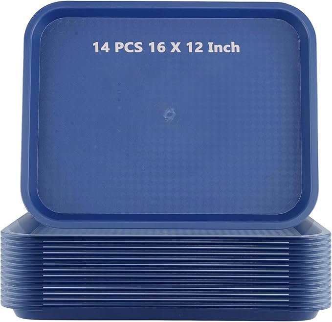 ZOENHOU 14 Pack 16 x 12 Inch Plastic Fast Food Tray,Rectangular Plastic Cafeteria Trays Serving Trays for Serving Food, Blue