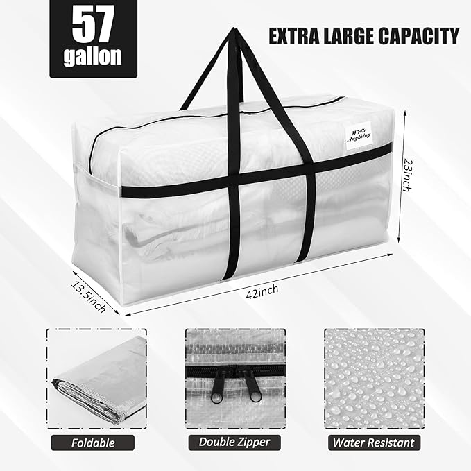 Windyun 4 Pack 57 Gallon Extra Large Moving Bags XXL Heavy Duty Storage Bag with Strong Zipper Handle Jumbo Big Tote Box Foldable for College Dorm Travel Clothes Duffle Blanket Pillow(Transparent)