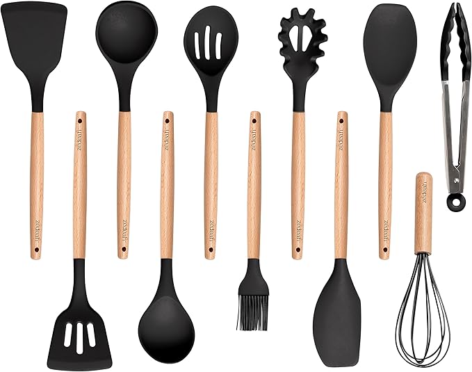 ZEDEAH 11-Piece Silicone Kitchen Utensils Set with Non Toxic Spatula, Tongs, Whisk, Turner & Ladle – Heat Resistant, Non-Scratch Cooking Tools with Wooden Handles, BPA-Free, Dishwasher Safe (Black)