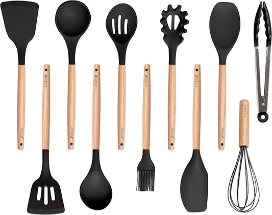 ZEDEAH 11-Piece Silicone Kitchen Utensils Set with Non Toxic Spatula, Tongs, Whisk, Turner & Ladle – Heat Resistant, Non-Scratch Cooking Tools with Wooden Handles, BPA-Free, Dishwasher Safe (Black)