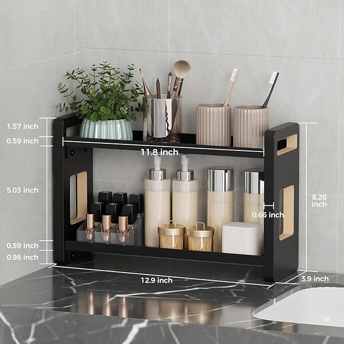 UJQSUN Bathroom Counter Organizer,Bathroom Counter Shelf,Bathroom Organizers,Under Sink Organizer,Cologne Organizer For Men,Cologne Cabinet,Spice Rack Organizer for Cabinet,Gifts(Black 2 Tier)