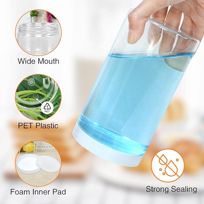 32 OZ Plastic Jars,16 Pcs Clear Plastic Jars with White Lids Round Empty Storage Jar Wide Mouth Refillable Storage Container with Lids for Household and Kitchen Food Organizing
