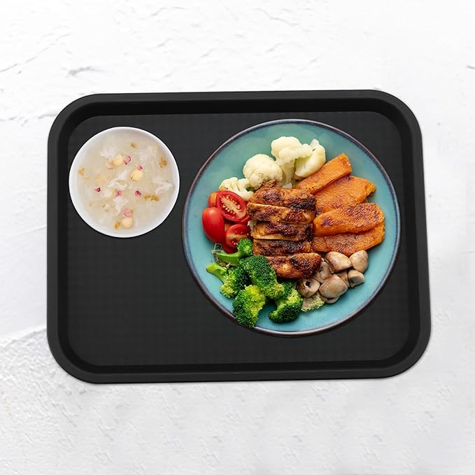 MAHIONG 5 Pack 13.8 x 10.6 Inch Black Fast Food Tray, Large Rectangular Restaurant Serving Trays, Plastic Cafeteria Trays School Lunch Trays