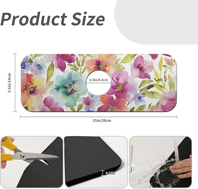 Kitchen Sink Splash Guard，Bright soft flowers Faucet Mat Sink Gadgets-Super Absorbent Fast Drying Mat Drip Catcher for Kitchen, Bathroom,Sink Mat, Dish Drying Mat, Bathroom(15" X 5.5" )