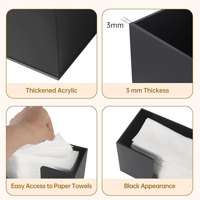 1Pack Paper Towel Dispenser Countertop, Acrylic Paper Towel Holder, Black Napkin Holder for Kitchen, Countertop Multifold C-Fold, Z-Fold, Trifold Paper Hand Towel Dispenser for Bathroom Toilet