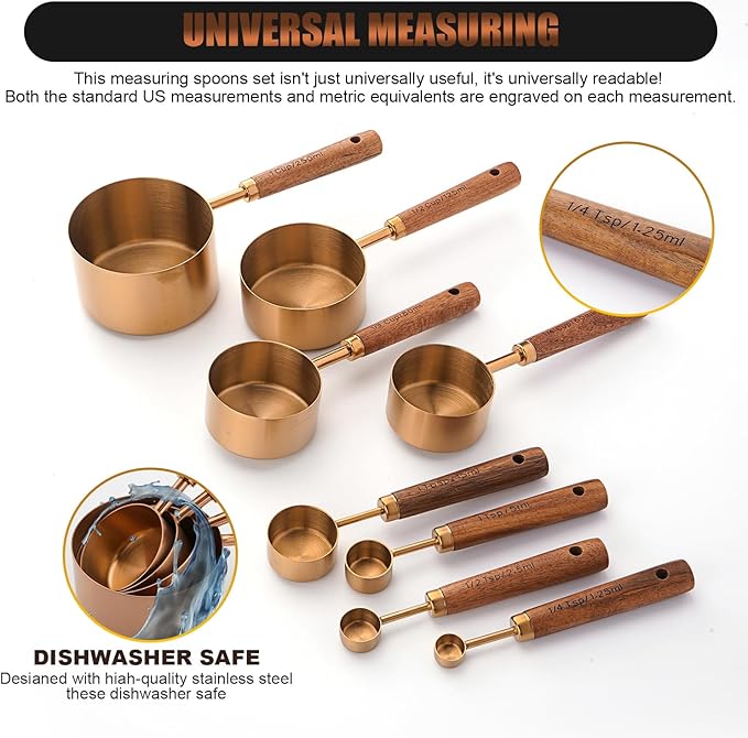 SHIKORI Gold Measuring Cups and Spoons Set with Wood Handles, Premium Stainless Steel Measuring Spoons and Measuring Cups Set, For Cooking and Baking in the Kitchen (Bronze)