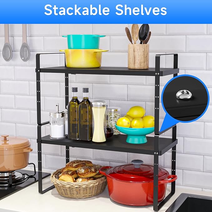 KIKIBRO Expandable Cabinet Shelf Organizer, Stackable Kitchen Pantry Counter Storage, Adjustable Closet Cupboard Stand Rack Risers Spice Organization 80LBS Heavy Duty Black Large 1 Pack