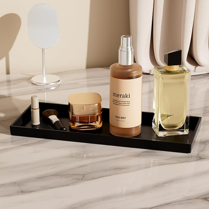 Mriluvy Vanity and Bathroom Tray, 15" ABS Countertop Organizer,Waterproof Vanity Tray for Toilet Tank,Perfume,Soap,Keys,Bathroom Accessories,Kitchen and Bath Trays,Non Slip Small Trays,Black,2 Pack