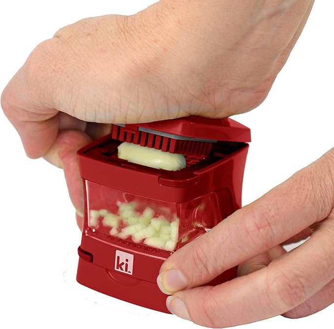 Kitchen Innovations Garlic-A-Peel Garlic Press, Crusher, Cutter, Mincer, and Storage Container - Includes Silicone Garlic Peeler - Easy to Clean - Stainless Steel Blades – (Red), standard