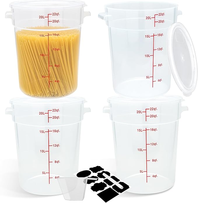 BIEAMA 4 Pack Round Food Storage Containers with Lids, 22Qt Large Translucent Food Container, Polypropylene, BPA Free, Includes Labels & Measuring Cups
