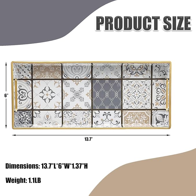 Leemxiiny Bathroom Vanity Tray for Countertop, Small Plastic Toilet Tank Tray Versatile Storage & Organization Tray for Makeup, Perfume, Desk, Kitchen, Candles, 13.7"x6"x1.4", 35Boho3