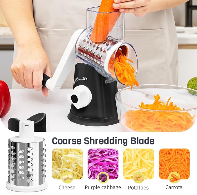 Nexsujo Rotary Cheese Grater Hand Crank, 3 Blades Slicer Shredder, Cheese Grater for Kitchen, Multi-Functional Kitchen Tool for Vegetables, Nuts, Chocolate, with Strong Suction Base, Black