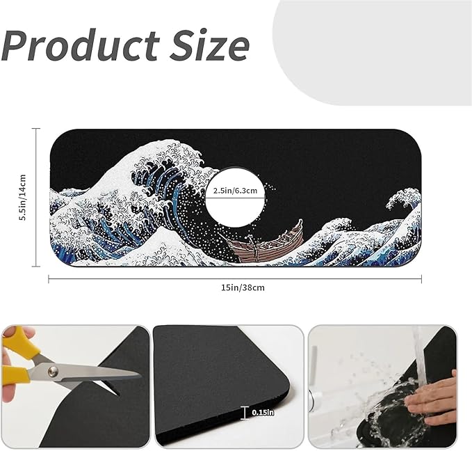 Kitchen Sink Splash Guard，white blue wave Faucet Mat Sink Gadgets-Super Absorbent Fast Drying Mat Drip Catcher for Kitchen, Bathroom,Sink Mat, Dish Drying Mat, Bathroom(15" X 5.5" )