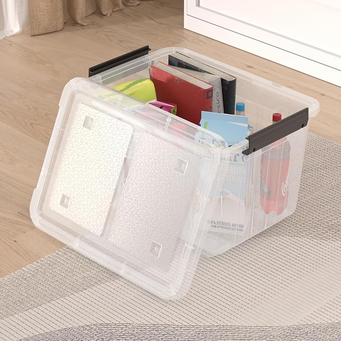 30 Quart 4 Pack Plastic Storage Bins with Latching Lids and Wheels, Clear Latch Box Container