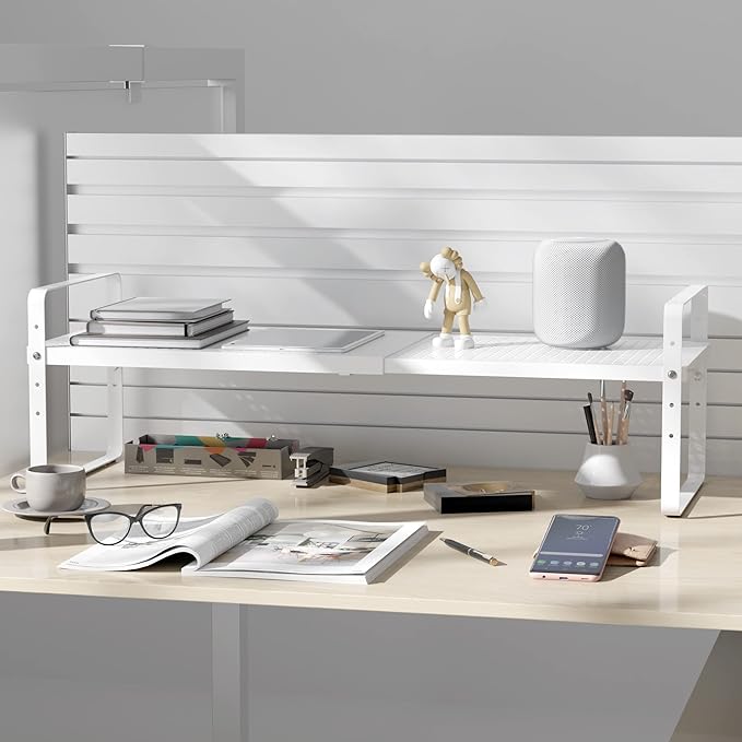 Expandable Cabinet Shelf Organizer Adjustable Metal Spice Rack Stackable Freestanding Counter Storage Shelves for Kitchen Cabinet Under Sink Office Desk (White - 1Pack - L16.5-27'' * W8'' * H9.6'')