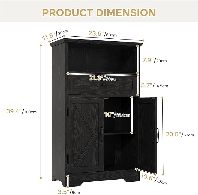 Viroformo Floor Cabinet, Farmhouse Storage Cabinet with Barn Doors and Drawer, 11.81" D x 23.62" W x 39.37" H Black Freestanding Adjustable Shelf Organizer for Bathroom, Kitchen, Living Room