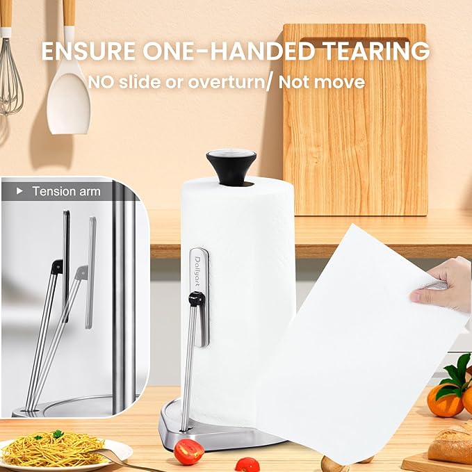Dailyart Paper Towel Holder Stand for One Hand Tear with Tension Arm, Heavy Duty Paper Towel Holder Countertop with 2.65lb Weighted Base, Kitchen Paper Towel Holders Counter Fit Most Size Paper Roll