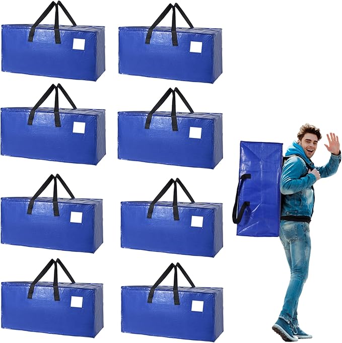 8 Pack Reusable Moving Bags Heavy Duty Backpack Straps Big Plastic Storage Totes for Camping Travel Home RV Woven Foldable Luggags Moving Bags for College Student Dorm Room Essentials 93 L 25 Gallons
