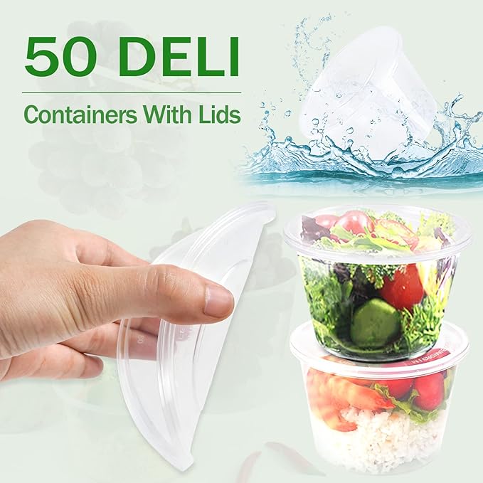 WEWBABY 16 OZ [50 Set] Plastic Deli Food Storage Containers with Leak-Proof Airtight Lids BPA Free Disposable Togo Clear Containers for Soups, Heavy-Duty Ice Cream Microwave Dishwasher Freezer Safe