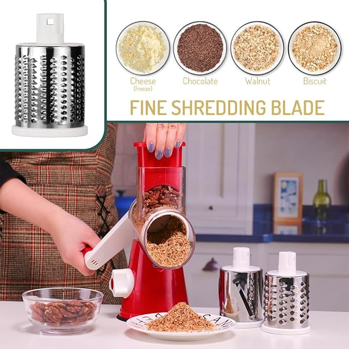 Maxceysen Rotary Cheese Grater with Handle Vegetable Shredder Round Kitchen Slicer Mandoline Grater for Vegetable, Nuts, Chocolate, Cheese, White, 3 Stainless Steel Blades