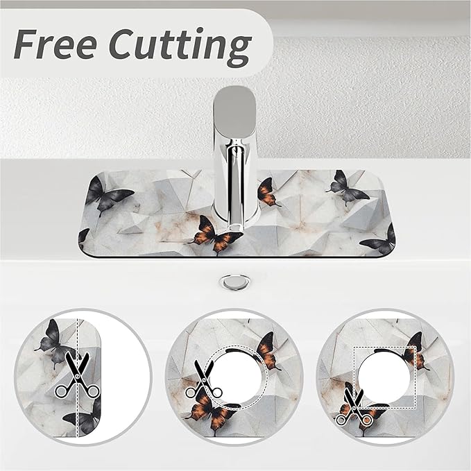 Kitchen Sink Splash Guard，marble butterfly golden Faucet Mat Sink Gadgets-Super Absorbent Fast Drying Mat Drip Catcher for Kitchen, Bathroom,Sink Mat, Dish Drying Mat, Bathroom(15" X 5.5" )