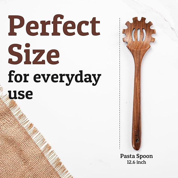 PriorityChef Wooden Pasta Spoon – Handcrafted Teak Wood Spaghetti Spoon Server for Stirring & Serving – Durable, Nonstick Safe, and Easy to Clean Utensil