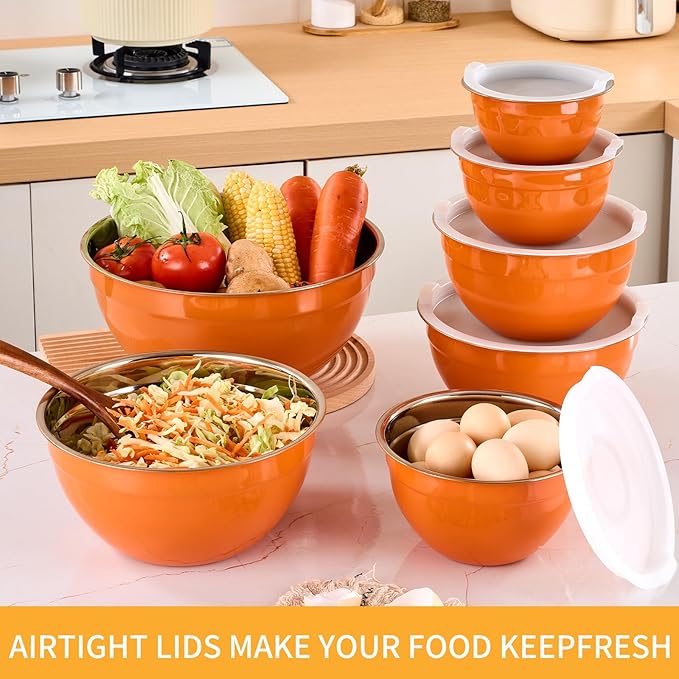 Moxinox Orange Mixing Bowls with Airtight Lids, Stainless Steel Nesting Mixing Bowls Set of 7, Ideal for Baking, Prepping and Serving Food, Size 7, 3.6, 2.7, 2.1, 1.5, 1.1,0.8 QT, Stackable Design