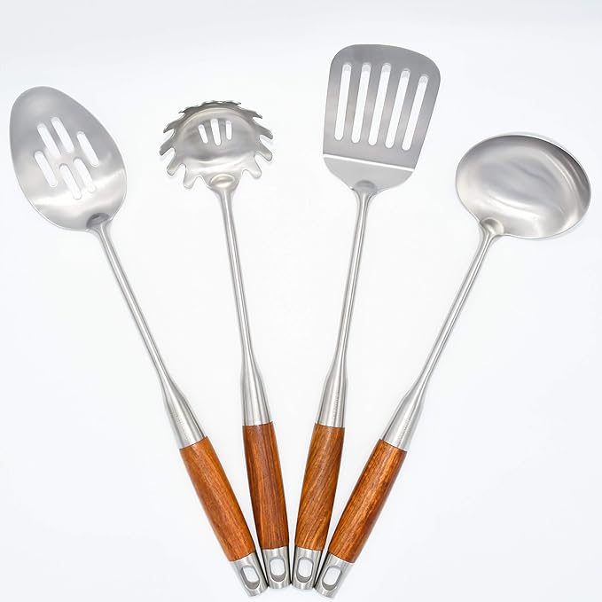 Barenthal Cooking Utensil Set - 304 Stainless Steel Kitchen Utensils Sets with Wood Handle Cookware Set Utensils kitchen tool set Dishwasher Safe- Slotted Spatula, Pasta, Spoon, Soup Ladle Set 4pc