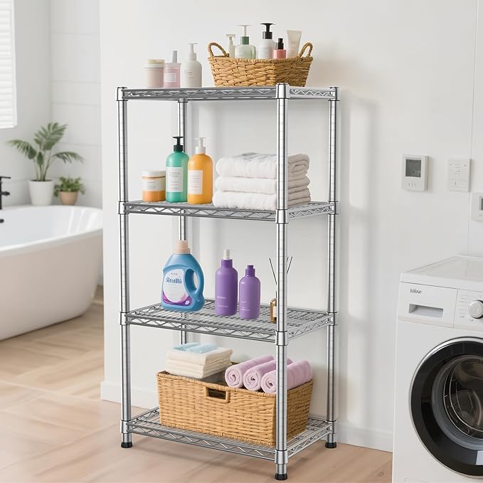 4- Shelf Metal Wire Shelving Unit Adjustable Metal Shelving Sturdy Steel Commercial Garage Storage Shelf organize Rack Units Heavy Duty 2200 LBS,for Laundry Bathroom Organization Kitchen Closet