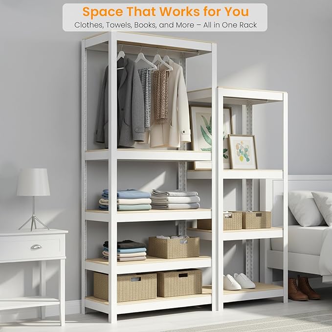 4 Tier Metal Shelves Unit, Adjustable Pantry Organizers and Storage Shelves, Shelving Unit for Closet with Clothes Rod, Storage Rack for Pantry, Laundry, Kitchen - White & Wood Color