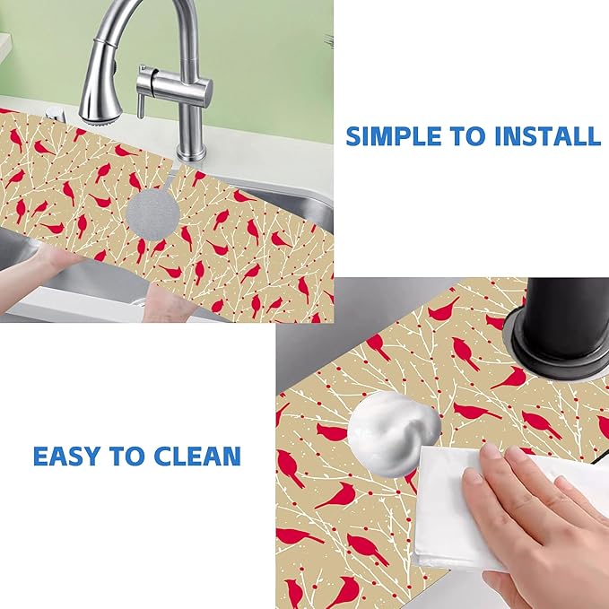 Christmas Cardinal Birds Kitchen Sink Splash Guard Mat Absorbent Fast Drying Mat Faucet Draining Mat Sink Splash Guard Behind Faucet Drip Catcher for Kitchen Bathroom 5.5"×24"