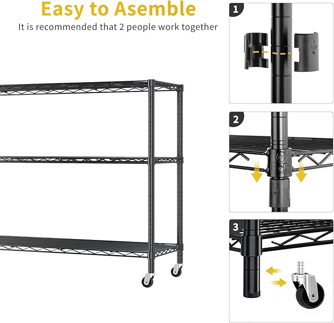 VINGLI 3 Tier Metal Storage Shelves 41''H Wire Shelving with Wheels for Storage Adjustable Heavy Duty Garage Shelving Storage Racks for Pantry Shelves Kitchen Office Garage, 41''H X46''W X17''D