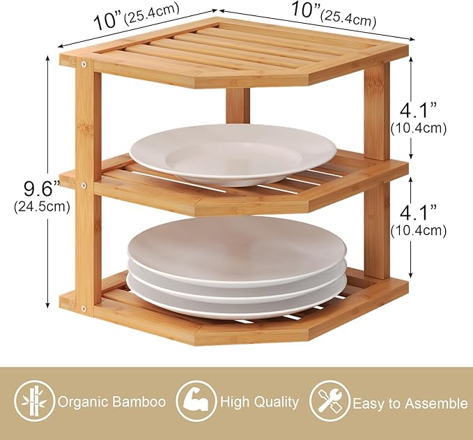VERTORGAN 3 Tier Bamboo Corner Shelf(2 Pack),Dish Drying Rack,Plate Organizer,Kitchen Spice Rack for Countertop and Cabinet