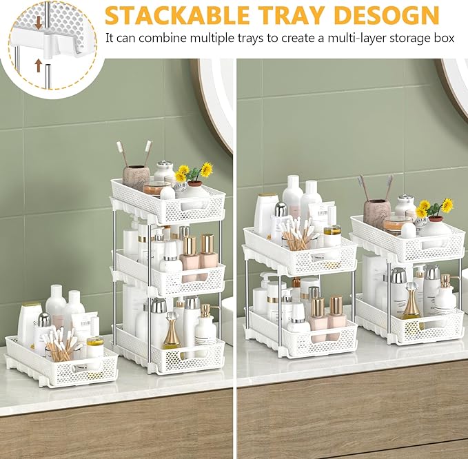 4 Pack Pull Out Bathroom Organizers and Storage, 2 Tier Stackable Under Sink Storage Organizer for Bathroom, Kitchen Cabinet, Pantry, and Medicine Holder, Organization and Storage - White