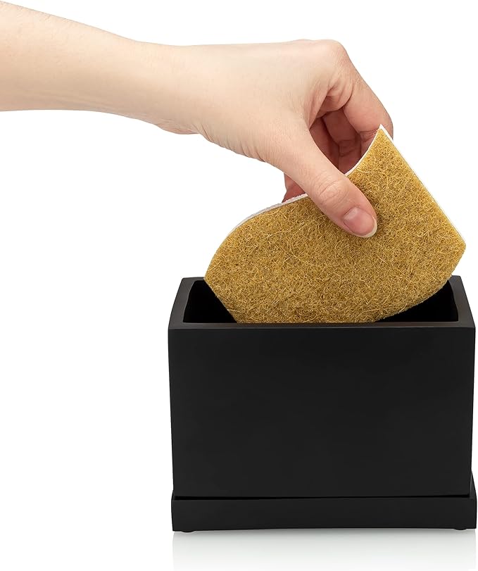Essentra Home Matte Black Kitchen Sponge Holder, Modern Kitchen Sink Caddy with Drain Tray